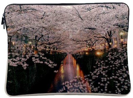 Housse Ordinateur et Tablette Aspect Lin - Japon Cerisier en Fleur Canal Sakura Ville Decoration - 14-15 Pouces Pochette de Protection PC Portable Imprimé en France