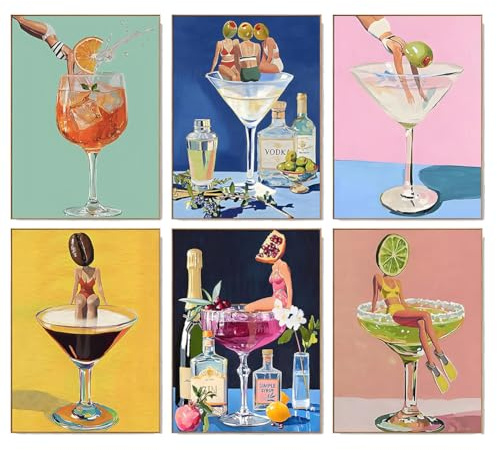 HTGWCG Peinture par Numero pour Adulte, 6 Pièces DIY Peinture Acrylique pour Adultes, Kits de Peinture Numéros Retro Cocktail sur Toile,avec Pinceaux et Peintures Acryliques sans Cadre, 20x30cm