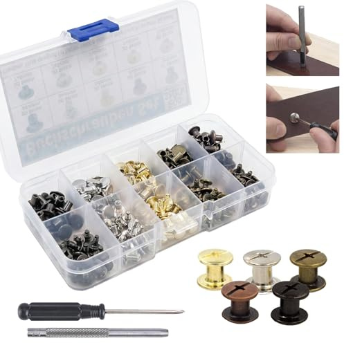 Buchschrauben Set M4 200 Stück, Chicago Schrauben in 5 Farben, Verbindungsschrauben mit Locheisen & Schraubendreher für Leder, Buchbindung & Möbel