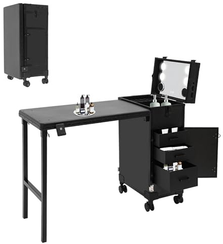 HUOMMGS Professionell kosmetisk väska Trolley 2-i-1 sminkväska med bord upp till 50 kg manikyrbord med 3 lådor, LED-spegel, 4 rullar multifunction kosmetisk väska frisörväska, svart, 38.6*32*69.7cm