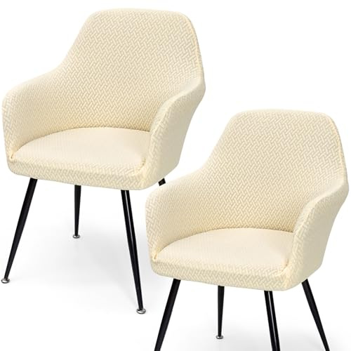 Betylifoy Stretch Stuhlbezu Stuhlhussen mit Armlehne Elastischer Stuhlbezug 2PCS Jacquard Stuhl Abdeckung Esszimmer Stuhlhussen mit Gebogener Rückenlehne für Esszimmerstühle (2,Cremebeige,universell)