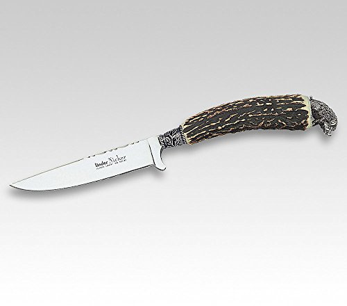 Linder Trachtenmesser Zierrücken, rfr.pol, Hirschh.,sitz. Sau-Platte 10 cm