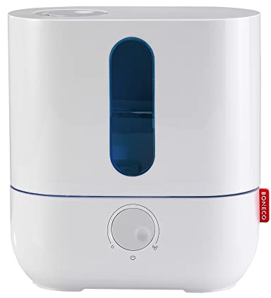 BONECO 1 Gallon Whisper Quiet Cool Mist Ultrasonic Humidifier for Large Room with LED Light, Control Knob, and Essential Oil Holder, White