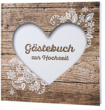 Weddix Gästebuch Hochzeit Herzenssache rustikal, Hochzeitsgästebuch Holz Optik, mit Herz und Spitze in Weiß, 104 weiße Seiten, 21,5 x 21,5 cm