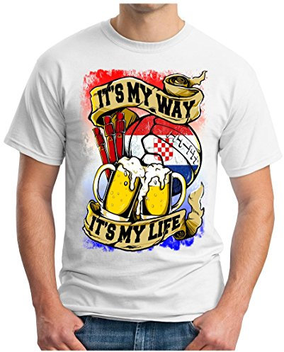 OM3® - Croatia-My-Way - T-Shirt My LIVE - Hrvatska Kroatien Fussball Soccer Fanshirt Bier Drink Sport Geek Fun, L, Weiß
