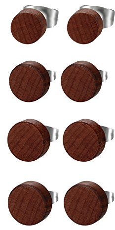 JewelryWe Schmuck Herren Damen Ohrstecker, Edelstahl Holz Runde Ohrringe Piercing, Braun, 6mm-12mm