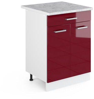 Vicco Küchenunterschrank R-Line, Rot Hochglanz, 60 cm | 1 Schublade · AP Marmor inkl. · Höhenverstellbare Füße · 2 Türen · ✓ Leichter Zugriff