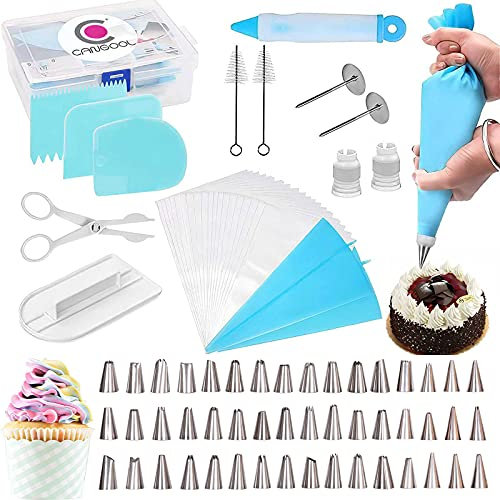 Cangool 82 pezzi kit di strumenti per la decorazione di torte e cupcake con 48 punte per tubazioni, 20 sacchetti usa e getta, 2 accoppiatori in plastica riutilizzabili