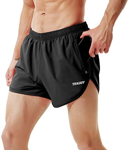 TENJOY, Pantalones Cortos de Correr para Hombre, Pantalones Cortos Deportivos de 8 cm con Bolsillo con Cremallera, Negro -, Large