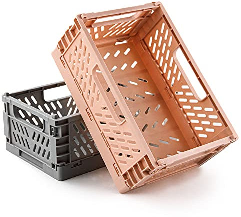Spesh 2 Pcs Collapsible Crates Storage Boxes Stackable Storage Baskets Plastic Folding Crate Boxes with Handles for Kitchen,Living Room,Office(22*15*9cm,Pink+Grey)