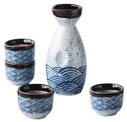 Housoutil Service De Tasses À Saké en Céramique Japonaise 4 Tasses 20 ML Et 1 Pot 180 ML Design Ondes pour Réceptions Familiales Et Décoration Intérieure