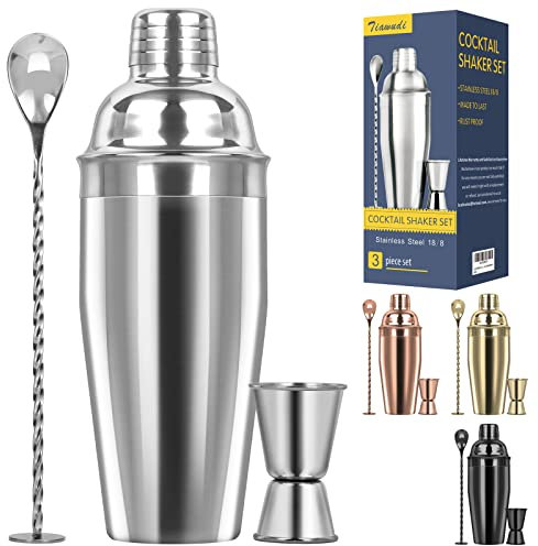 Large 24oz Cocktail Shaker Set, Stainless Steel 18/8 Martini Mixer Shaker with Built-in Strainer, Measuring Jigger & Mixing Spoon, Professional Martini Shaker Set, Perfect for Bartender and Home Use