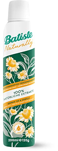 Batiste Trockenshampoo Naturally Grüner Tee & Kamille 200 ml, Trockenshampoo zum Auffrischen und Stylen der Haare, ohne Ausspülen, Haarstyling vegan, mit 100 % natürlichen Extrakten