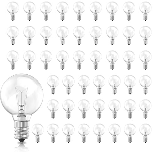Brightown G40 Clear Light Bulbs Outdoor Light Bulbs Globe E12 Candelabra Screw Base, Incandescent Round Warm Replacement Glass Bulbs for Patio String Lights, 5W 120V, Pack of 50