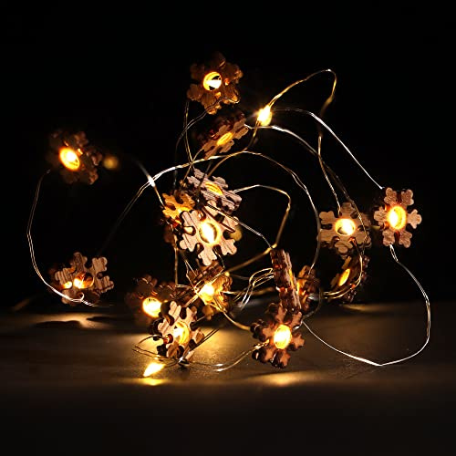 com-four® 2x LED Lichterkette mit Timer, energiesparende | Lichterkette mit 20 LED-Schneeflocken aus Holz - Weihnachtdekoration für Innen