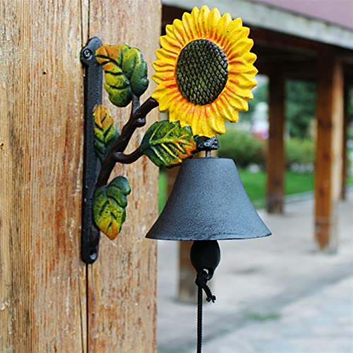 HEPPPP Sun Flower Gusseisen Hand Cranking Wandglocke Handgemalte Schwarz Gelb Grüne doppelseitige Blütenblätter Zweig Willkommen Türglocke Mahlzeitglocke