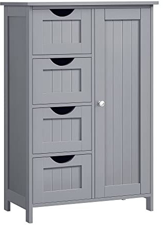 VASAGLE Badezimmerschrank, schmaler Badschrank, Beistellschrank, Kommode, mit 4 Schubladen, Schranktür, verstellbare Ablage, 30 x 55 x 82 cm, Taubengrau LHC041P36
