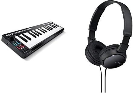 M-Audio Keystation Mini 32 MK3 - Portable USB MIDI Keyboard Controller for Mobile Music Production With Software Suite & Sony MDR-ZX110 Overhead Headphones - Black , BASIC, Pack of 1
