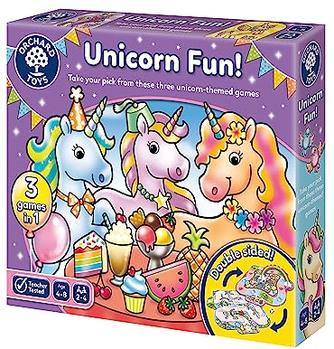 Orchard Toys Unicorn Fun! - 3 in 1 Educational Board Games for 4+ Year Olds - Unicorn Gifts for Girls and Boys - Number and Counting Games for Kids - Age 4-8 Years - 2-4 Players