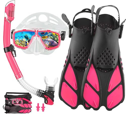 DiVLMT Snorkeling Gear for Adults with Fins Scuba Diving Gear Adult Professional Travel Snorkel Sets with Flippers,Anti-Fog Anti-Leak Diving Mask (Pink, US Men 4-8.5 | US Lady 6-9.5)