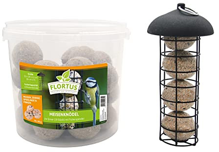 FLORTUS Meisenknödelhalter mit 30 Stück Meisenknödel | Vogelfutterhaus mit hochwertigen Meisenknödel ohne Netz als Vogelfutter | Bird Feeder