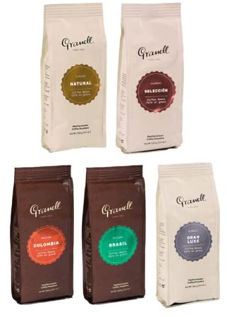 Granell Cafes ·1940 - Pack Degustación Café en Grano | Colombia, Brasil, Selección, Gran Luxe & Natural | Blend Arábica y Robusta de Tueste Natural | 5 Paquetes x 250 Gramos