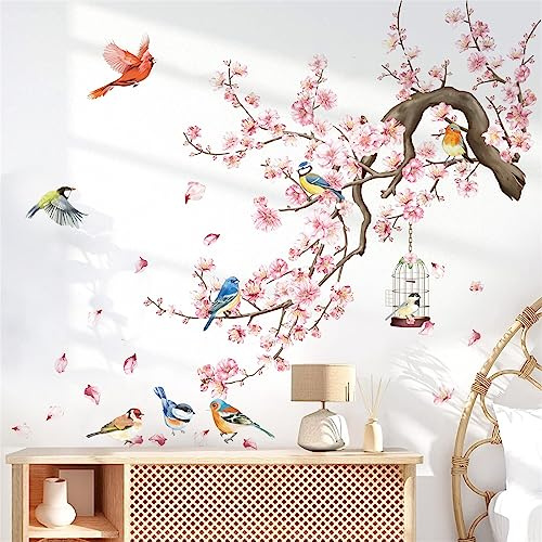 wondever Wandtattoo Rosa Kirschblüten Wandaufkleber Blumen Rosa Vögel auf Ast Wandsticker Wanddeko für Schlafzimmer Wohnzimmer TV Hintergrund