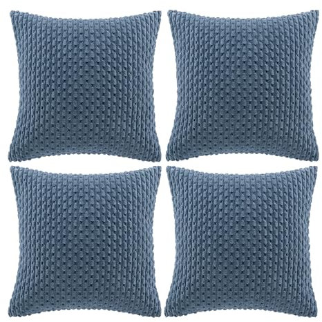 FDTERN 4er Set Boho Kordsamt Kissenbezug 40x40CM Denim Blau Einfarbig Flauschig Kissenbezüge Kissenhülle Dekokissenbezug Sofakissen Dekokissen Deko für Sofa Schlafzimmer Wohnzimmer Balkon