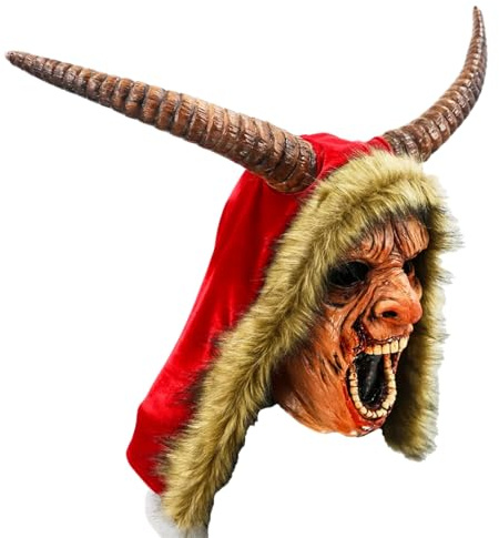 Krampus Horror Latex Maske mit Hörnern Nikolaus Kapuze und blutigen Zähnen Weihnachten Dämon Halloween