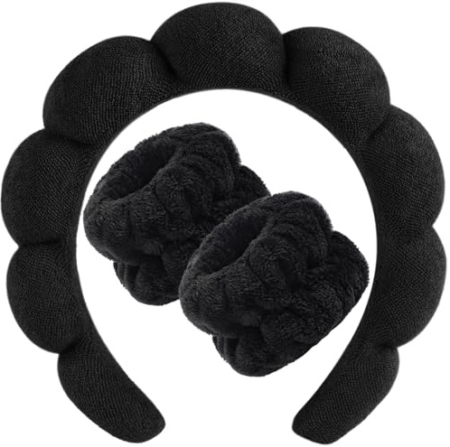Zkptops Spa pannband för tvätt ansikte eller ansiktssvamp makeup hudvård pannband armband set handduk bubbla mjukt svamp hårband för kvinnor flickor puffig vinter halkfri tjockt tunt hår tillbehör
