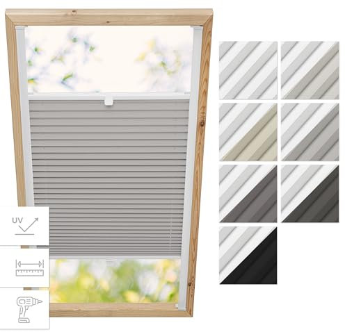 Estika Dachfenster Verdunkelung, Thermo Plisseerollo mit Bohren für Velux Fenster - Modell: M06 - Stofffarbe: Blackout Hellgrau-Weiß - Dachfenster Rollo, Fensterrollo innen, Fenster plissee