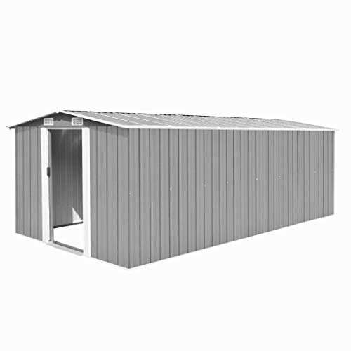 ARKEM Casetta da Giardino per Attrezzi, Capanno in Lamiera d'Acciaio con Tetto Inclinato, Ripostiglio per Attrezzi con Porte Scorrevoli per Giardino,Casetta da Giardino 257x489x181 cm in Metallo Grigi