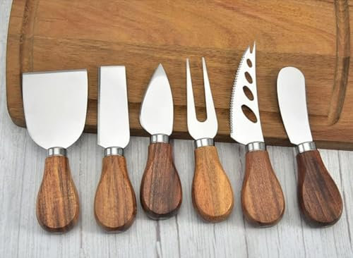 Personalisiertes 6-teiliges Käsemesser-Set aus Edelstahl mit Akazienholzgriffen in eleganter Geschenkbox inkl. Wunschgravur