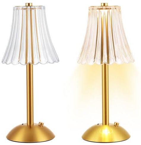 Liliful 2 Pcs LED Portable Cordless Table Lamp Touch Battery Operated Rechargeable Gold Desk Lamp 3 Color Dimmable for Bedroom Living Room Dining (Gold,Rose Style)
