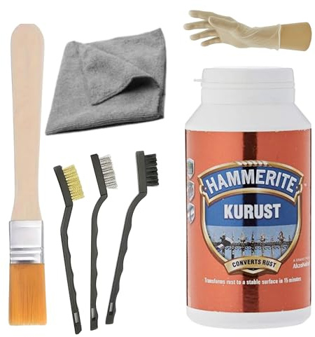 Ultimate Rust Treatment Bundle - Hammerite Kurust Blister 90 ml, 3 cepillos de alambre, pincel, guantes desechables JBL, paño de microfibra, convertidor de óxido para coches, bicicletas y más