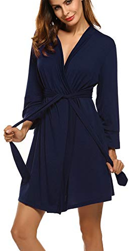 Ekouaer Women Robes Short Knit Bathrobe Dressing Gown Ladies Loungewear V-Neck Lightweight Soft Kimono with Pockets Navy Blau S