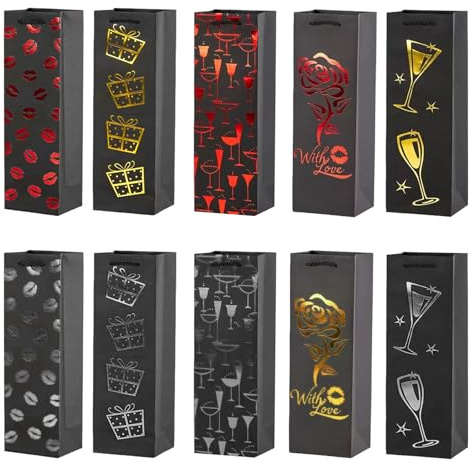10 Stück Schwarze Wein Geschenktaschen, Wine Gift Bags, Weinbeutel aus Verdickter Papier, Einzelne Flasche Weintasche, Weinflasche Verpackung Taschen mit Bequemer Seilgriff, Champagner Geschenktaschen