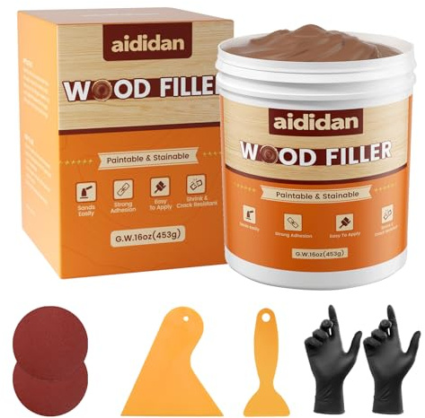 Wood Filler, Wood Repair Kit,16 Ounce Paintable & Stainable Wood Putty Filler, Wood Scratch Cracks Holes Repair Furniture, Exterior Wood Filler Water Resistant, Wood Putty,16oz, Walnut
