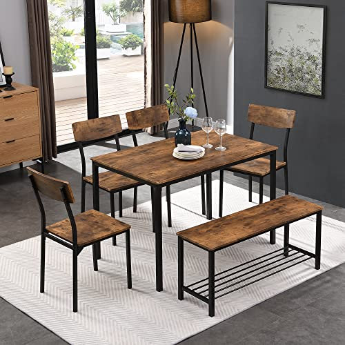 Industrielles Esstisch-Set: Tisch, 4 Stühle & Bank aus Holz mit Stahlrahmen, robust und stilvoll, für Küche und Esszimmer, maximale Belastbarkeit bis 250 kg, einfache Montage