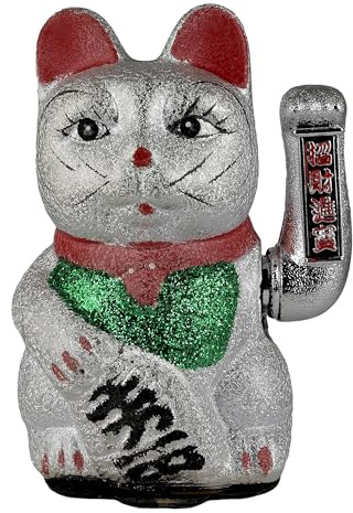Freak Scene Glückskatze Maneki-Neko Winkekatze aus Keramik 20cm Silber winkende Katze Lucky cat