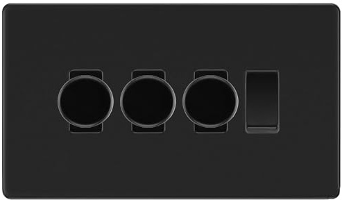 BG Screwless Flatplate Matt Black 4 Gang Grid Switch 3x Trailing Edge LED Dimmer 1x 2 Way