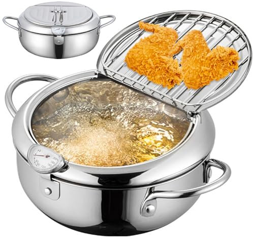 Pot de freidora 3.2 L Acero inoxidable Tempura Janpura Freir bote con temperatura ＆ Casa de drenador de goteo de aceite 9.4 '' Potilla pequeña con manijas para pescado de pescado papas fritas po