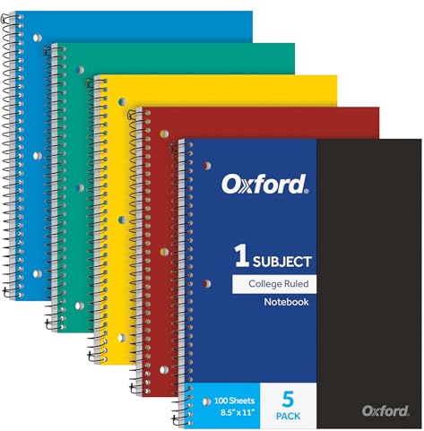 Oxford 1 Subject Spiral Notebook, Notebook for School, Plastic Covers, Back to School Supplies, College Ruled, 100 Sheets, 5 Pack, Assorted Primary Colors: Black, Blue, Red, Green and Yellow (1009289)