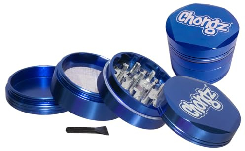 Chongz 54mm Sharp Shark Magnetic bi-Metallic 4 Part Hex Grinder Colour co-ordinated Aluminium Chassis, with Milled Steel Grinding Surface and Sieve, Scraper Tool 26 Diamond Shaped Teeth (Blue)