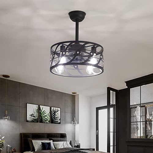 Industrial Bedroom Ceiling Fans with Lamps and Remote Dc Black Retro Ceiling Fan Light Fixture Silent E14 Reversible 6 Speed Timer Vintage Ceiling Fan Chandelier for Bar