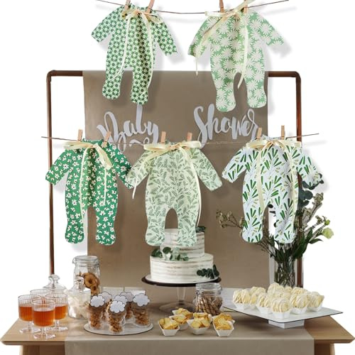 Sage Green Baby Shower Banner Gender Neutral Decorations | Pre-tie Ribbon Bows 5 Pajama Clothesline Garland, Greenery Photo Backdrop 10 Wooden Clips 10ft Jute Rope (Sage Green Neutral Farmhouse)