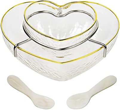 Juego de platos de caviar de cristal chapados en oro con forma de corazón con cucharas de nácar, elegante servidor de caviar para eventos y restaurantes