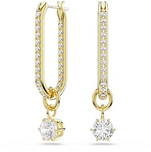 Swarovski Constella Drop-Ohrhänger, Vergoldete Kreolen mit Schimmerndem Pavé und Einem Schwingenden Swarovski Zirkonia im Rundschliff in Krappenfassung, Größe: 3.6 x 0.7 cm