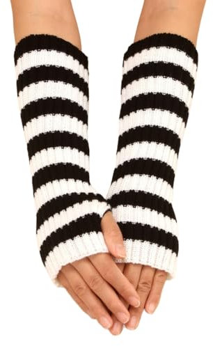 Blausky 1 Paar Halb Fingerlose Handschuhe,Winter Gestrickte Handschuhe für Damen Häkelhandschuh Pulswärmer Warm Armstulpen mit Daumenloch Strick Kurzer Handstulpen Armwärmer 28cm,Schwarz-Weiß