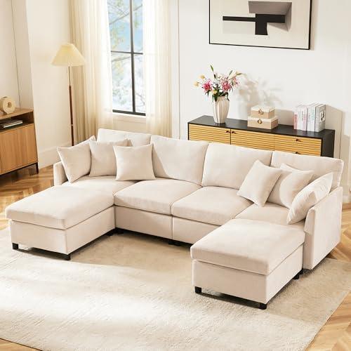 DRIXNO Modernes Sofa aus Chenille-Stoff mit Abnehmbarem Fußhocker, Viersitzer, L-förmiges Ecksofa, U-förmiges，Beige